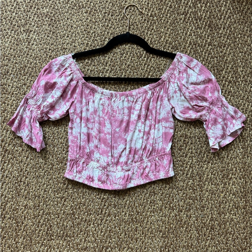 Pink and White Ruched Crop Blouse